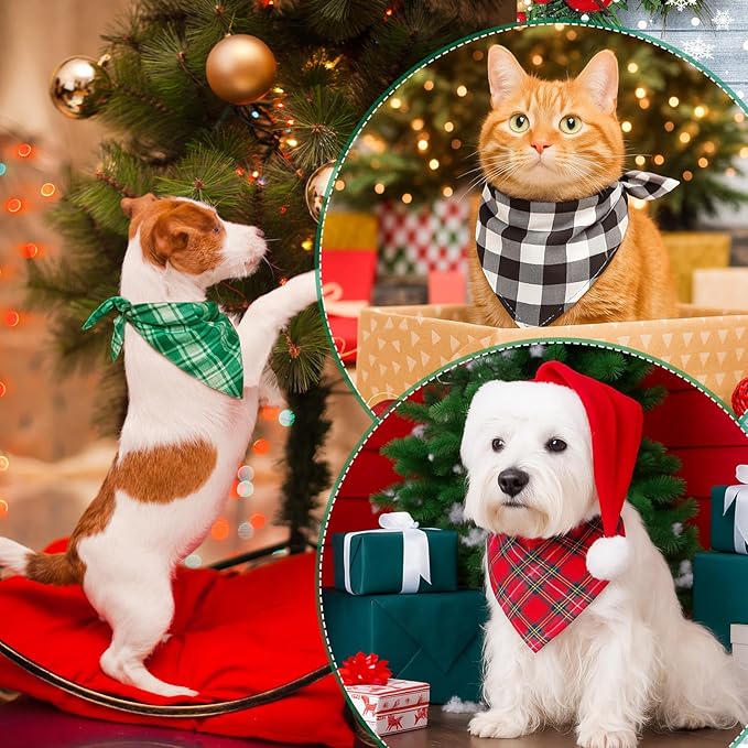 Weewooday 50 Pcs Christmas Dog Bandanas Bulk Xmas Red Green Buffalo Plaid Bandanas for Dogs Soft Bibs Adjustable Triangle Scarf for Small Medium Large Pets Costume (25.6 x 17.7 x 17.7 Inch)