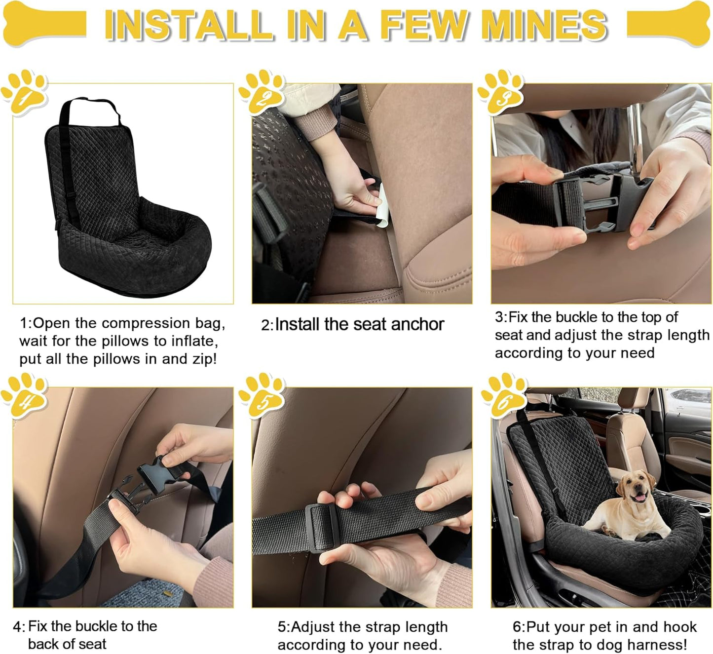 Dog Car Seat for Small Medium Dogs,Detachable Washable Travel Safety Pet Booster Seat, Comfy Ultra Soft and Multifunctional Car Travel Bed,Black