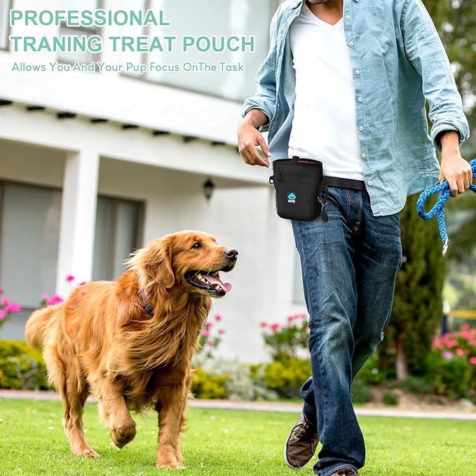 Dog Treat Pouch Magnetic Closure with Training Clicker,Hands-Free Design to Prevent Spills,Built in Poop Bag Dispenser,3 Ways To Wear,Metal Clip Waist Belt and Fanny Pack for Pet Walking(Black)