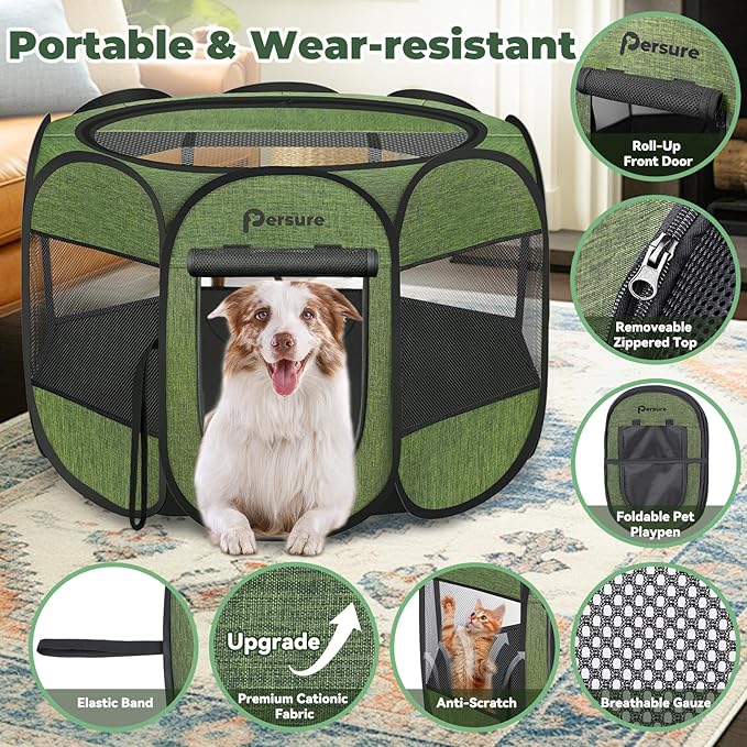 Dog Cat Playpen Indoor Outdoor for Puppy Pet Recovery After Surgery, Dog Tent Crates Cage Indoor/Outdoor, Portable Pop Up Dog Kennel with Carrying Case for Travel (Premium Green, Large)
