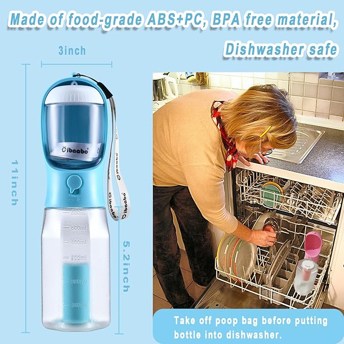 Dog Water Bottle with Food Container & Poop Bag Holder, Travel Water Bowl, Portable Pet Dispenser, Dog Gifts Stuff Accessories Items, Puppy Essentials for Yorkie Chihuahua Walking Hiking