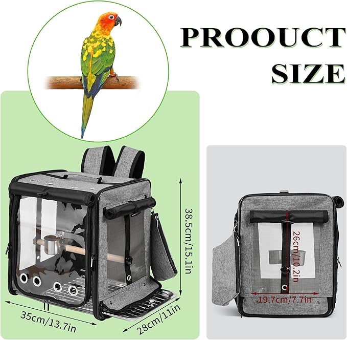 Sanmoncare Bird Carrier for Car Travel with Seat Belt, Indestructible Stainless Steel Mesh Parrot Backpack Travel Cage