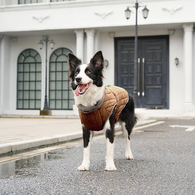 Warm Fleece Dog Coats with Durable Harness Buitl in D-Ring,Waterproof Puppy Jacket for Small Dogs,Dog Vest for Cold Winter,Burnished Khaki S