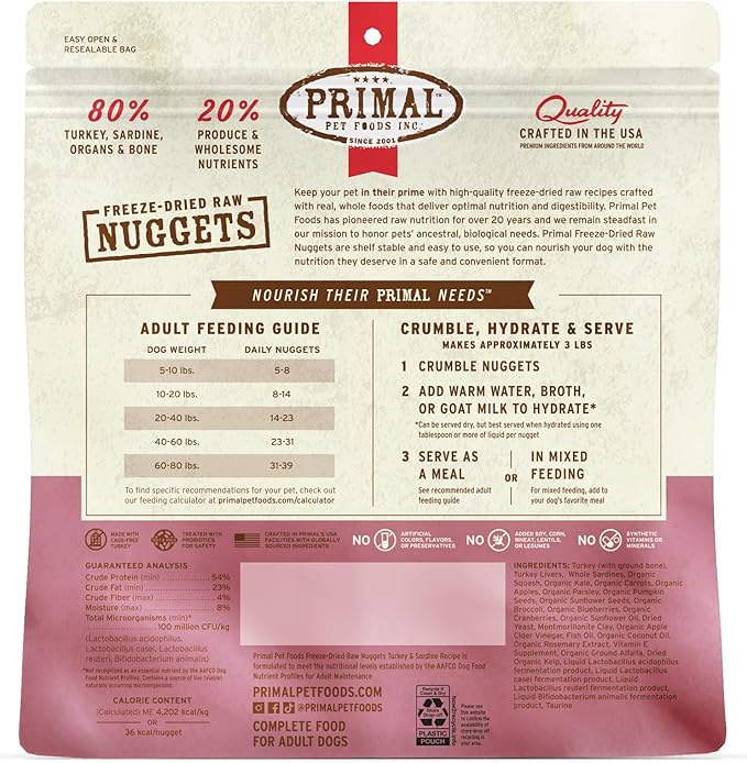 Primal Freeze Dried Raw Dog Food Nuggets, Turkey & Sardine, Complete & Balanced Meal, Also Use as Topper or Treat, Premium, Healthy, Grain Free, High Protein Raw Dog Food, 14 oz (Pack of 4)