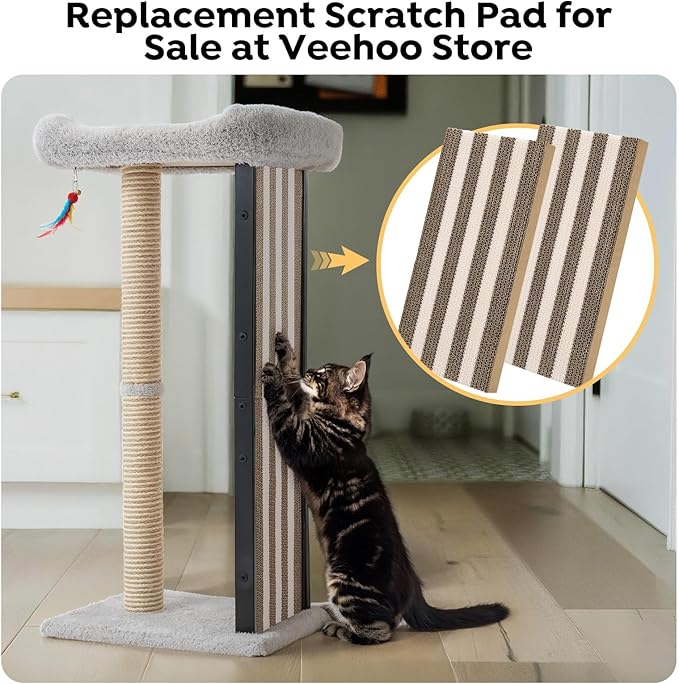Veehoo 35" Tall Cat Scratching Post for Indoor Cats Adult, Sturdy Cat Scratch Pad with Replaceable Metal Frame Scratching Board, Large Scratch Post with Plush Top Bed