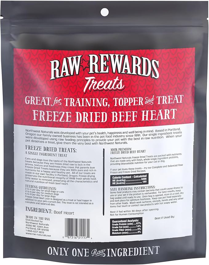 Northwest Naturals Raw Rewards Freeze-Dried Beef Heart Treats for Dogs and Cats - Bite-Sized Pieces - Healthy, 1 Ingredient, Human Grade Pet Food, All Natural, Proudly Made in USA, 10 Oz