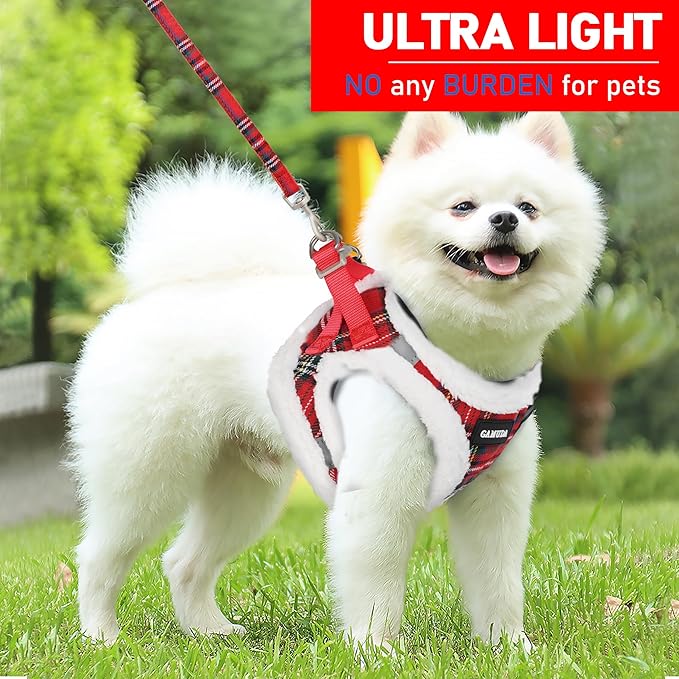GAMUDA Small Dog Harness Collar and Leash Set, Step in No Chock No Pull Soft Mesh Adjustable Dog Vest Harnesses Plaid Reflective for Dogs Puppy Cats Kitten Rabbit (Warm Red, XL)