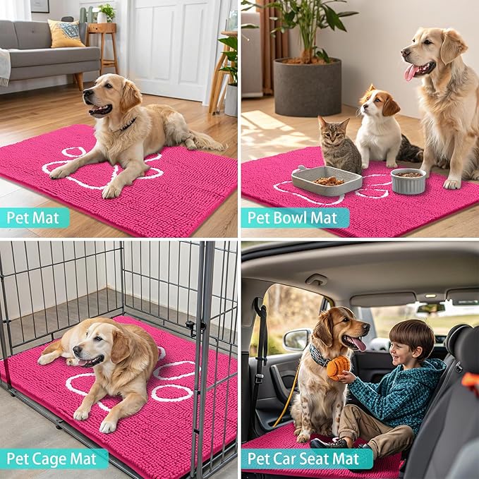 Smiry Dog Door Mat for Muddy Paws, Absorbent Dirt Trapper Non Slip Quick Dry Washable Chenille Mat for Mud Dogs, Entry Rug for Indoor and Outdoor (30x20 Inches, Hot Pink)