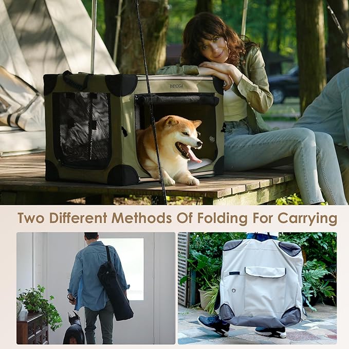 EHEYCIGA Collapsible Dog Crate 30 Inches, Portable Travel Crate for Medium Dogs, Soft Foldable Pet Kennel with 4-Door Mesh Windows Indoor & Outdoor, Green