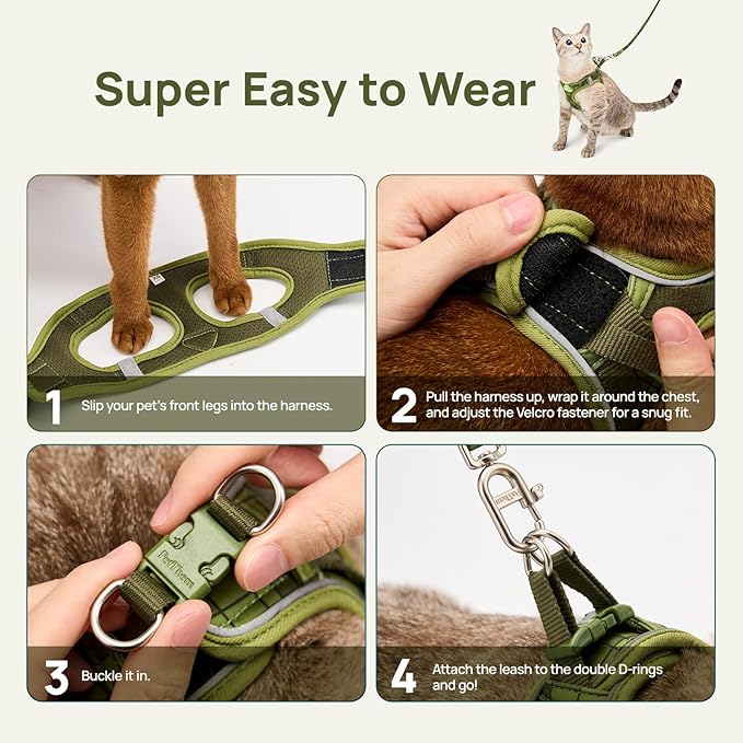 Cat Harness and Leash Set, Step-in Escape Proof Adjustable Vest Harness for Small Medium Large Cats, Lightweight Soft Breathable Reflective Kitten Harness for Walking Travel, Camping(Green, M)
