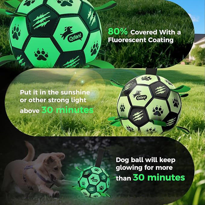 QDAN Premium Dog Ball, Glow in The Dark Dog Toys, Light Up Soccer Ball for Dogs, Outdoor Dog Toys, Doggy Water Toy, Puppy Birthday Gifts for Small Medium (6 Inch)