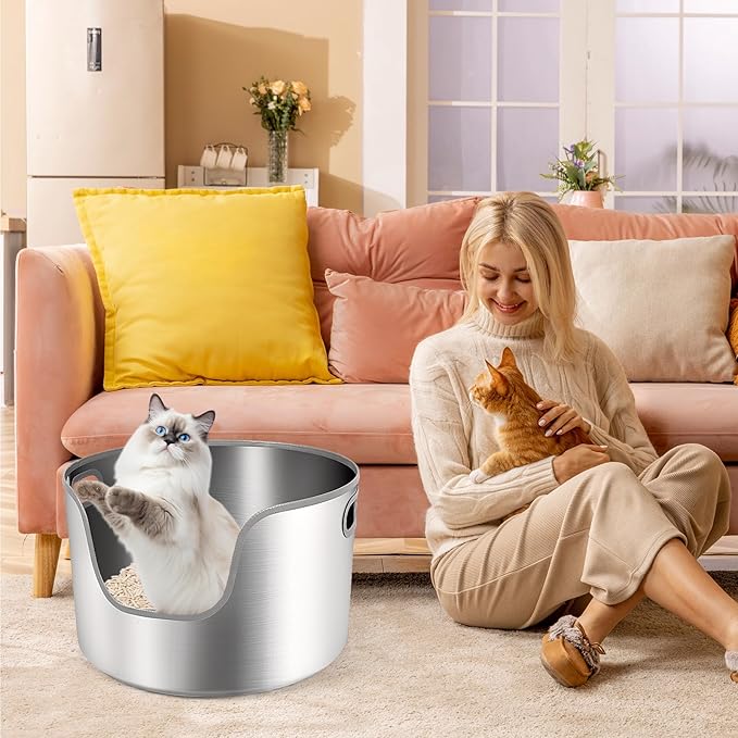 Stainless Steel Litter Box, 17.4” x 11" Large Round High Sided Metal Cat Litter Box Tray with Scoop, Filter Pedal & Litter Mat, Non-Sticky, Non-Odor, Easy Cleaning