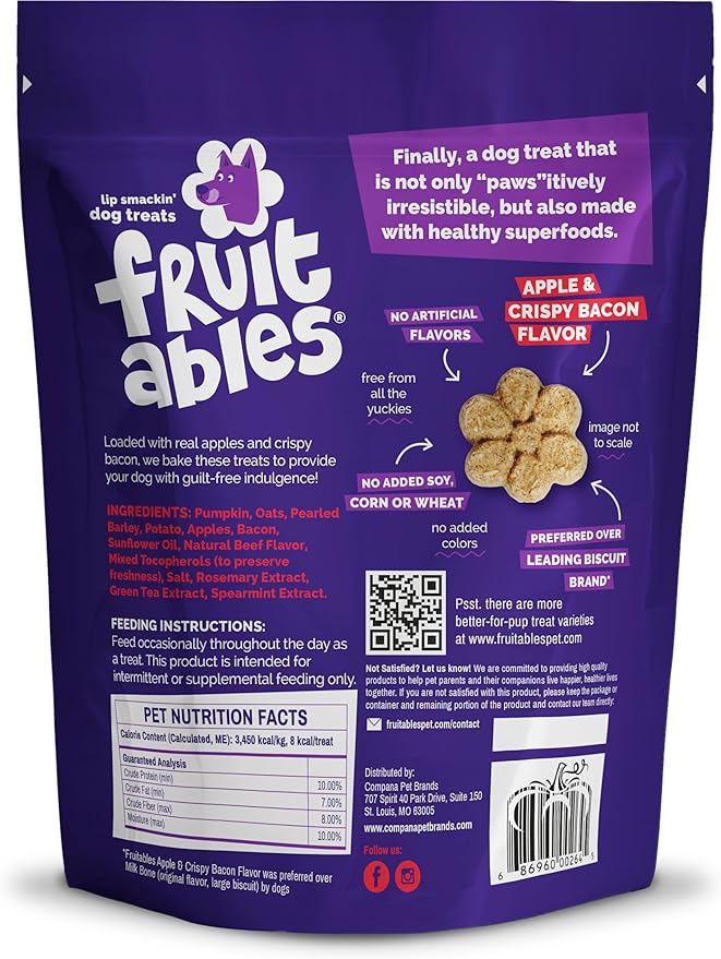 Fruitables Baked Dog Treats, Healthy Pumpkin Treat for Dogs, Low Calorie & Delicious, Free of Wheat, Corn and Soy, Made in The USA, Apple and Crispy Bacon Flavor, 20oz