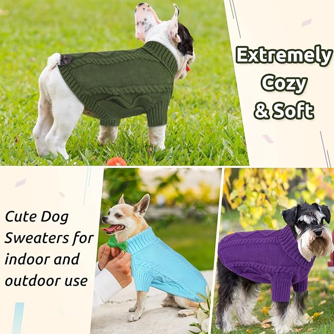Queenmore Small Dog Pullover Sweater, Cold Weather Cable Knitwear, Classic Turtleneck Thick Warm Clothes for Chihuahua, Bulldog, Dachshund, Pug (Sky Blue, Medium)