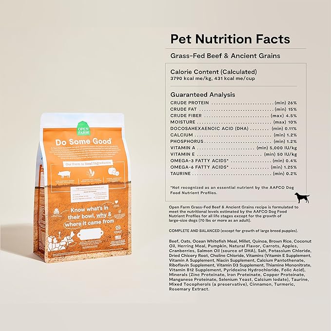 Open Farm, Ancient Grains Dry Dog Food, Protein-Rich & Nutrient Dense, 90% Animal Protein Mixed with Non-GMO Fruits, Veggies and Superfoods, Farmer's Table Pork Recipe, 22lb Bag