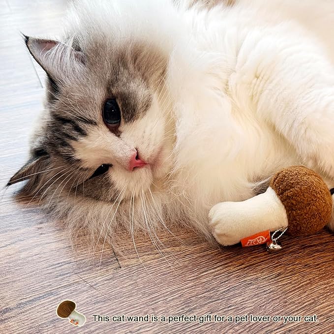 TTcat Cat Wand Toy for Indoor Cats, Natural Wood Cat Wand Toy with Mushroom Catnip Toy,Interactive Cat Toy Kitten Toy for Indoor Cats to Play Chase Exercis