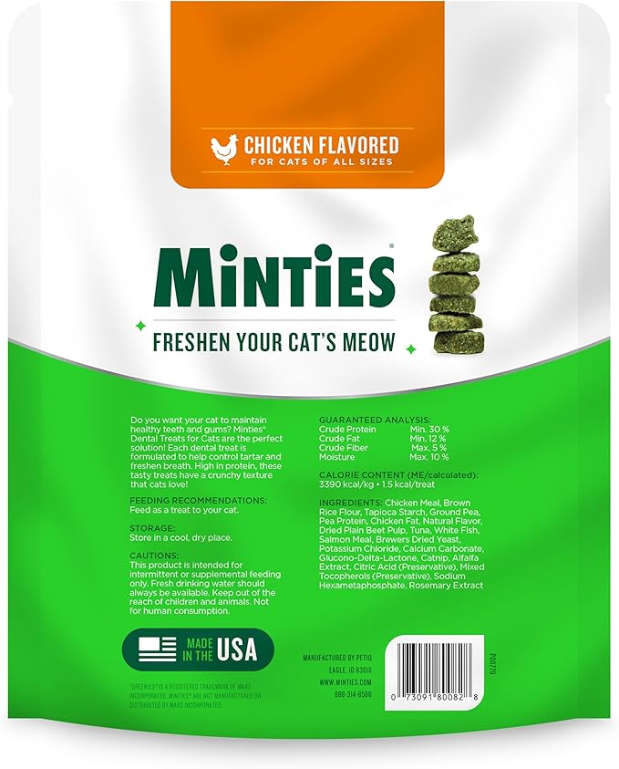 Minties Dental Treats for Cats, Chicken Flavored Treats for Cats, Freshens Breath and Controls Tartar, 10oz (Pack of 2)