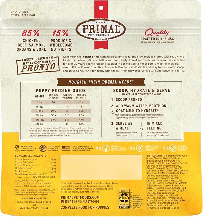 Primal Freeze Dried Puppy Dog Food, Pronto Mini Nuggets; Scoop & Serve, Complete & Balanced Meal; Also Use As Topper or Treat; Premium, Healthy, Grain Free, High Protein Raw Dog Food (25 oz)