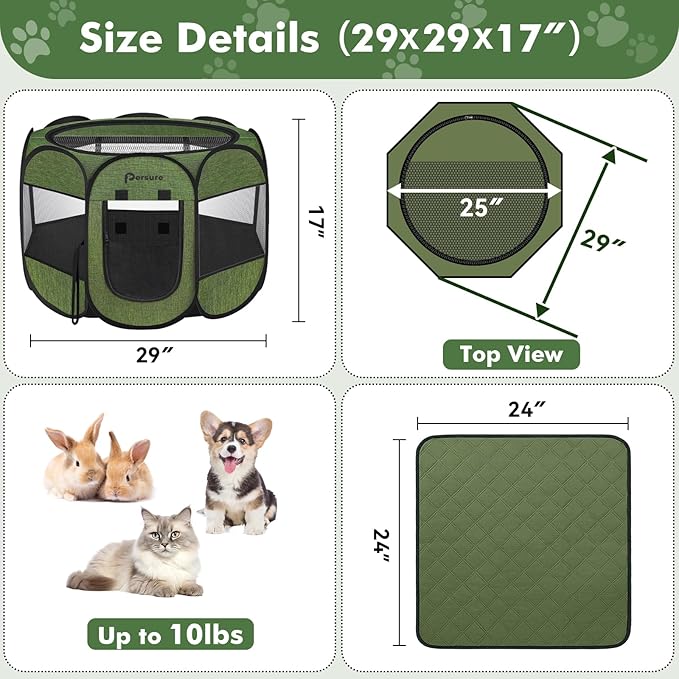Dog Cat Playpen Indoor Outdoor for Puppy Pet Dogs Cat Recovery After Surgery, Dog Tent Crates Cage Indoor/Outdoor, Portable Pop Up Kennel with Carrying Case for Travel (Premium Green with Pad, Small)