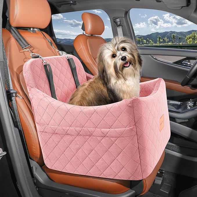 Dog Booster Car Seat for Dogs up to 35lbs, Safety Pet Car Seats with Anti-Slip Bottom, Travel Booster Dog Bed with 2 Storage Pockets (Pink, Medium)