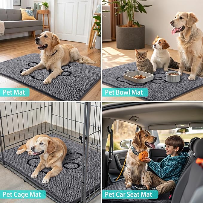 Smiry Dog Door Mat for Muddy Paws, Absorbent Dirt Trapper Non Slip Quick Dry Washable Chenille Mat for Mud Dogs, Entry Rug for Indoor and Outdoor (30x20 Inches, Dark Grey and Black)