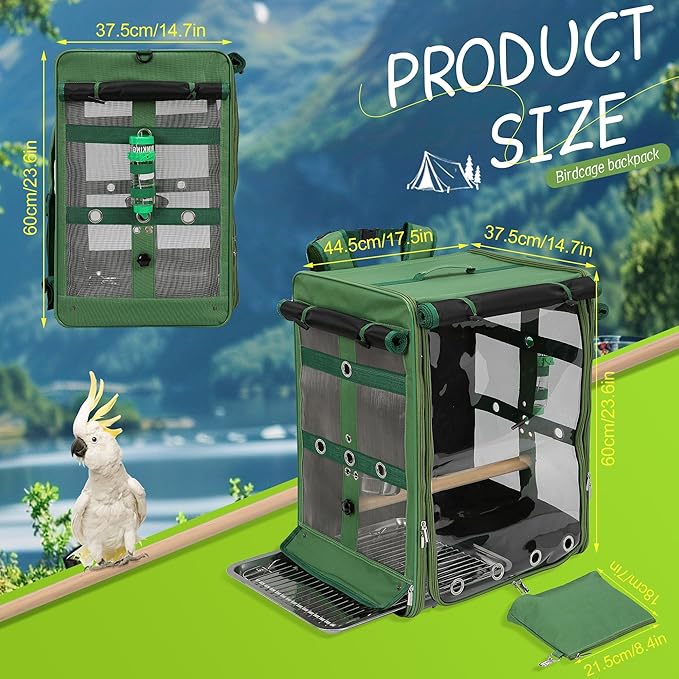 Suertree Bird Carrier Travel Cage, Cockatoo Carrier, Parrot Travel Backpack with Unbreakable Stainless Steel Mesh, Perch, Water Bottle and Food Bowl, X-Large Green