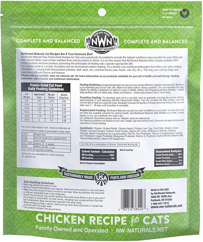 Northwest Naturals Freeze-Dried Chicken Cat Food - Bite-Sized Nibbles - Healthy, Limited, Human Grade Ingredients, All Natural, Proudly Made in USA, 11 Oz (Pack of 3)