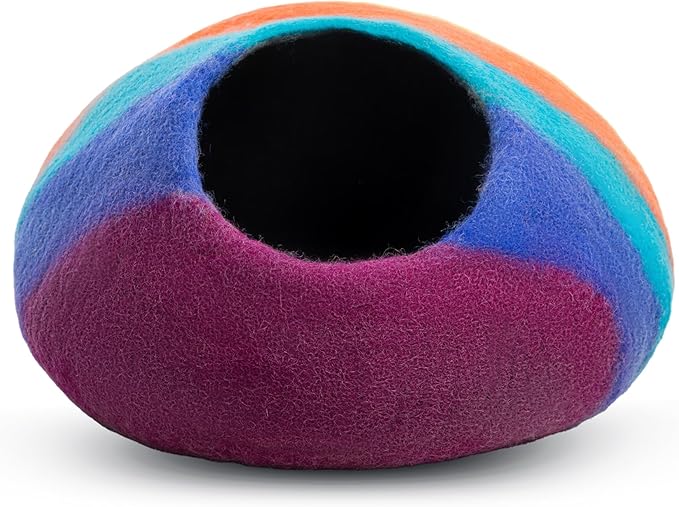 Woolygon Premium Felt Cat Cave Bed β Wool Kitty Beds Handcrafted Kitten Caves Bed for Indoor Cats - Made from 100% Eco-Friendly Merino Wool, Foldable Cat Hidewawy Covered Cat House Pod (Rainbow Twist)