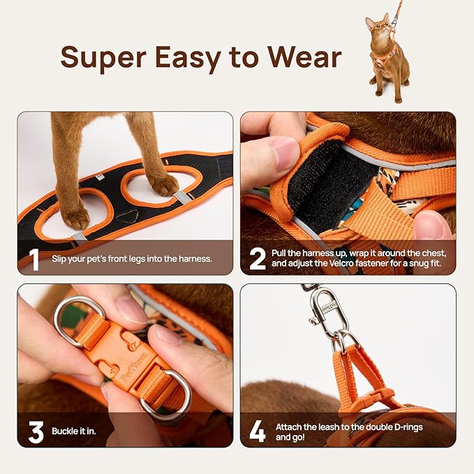 Cat Harness and Leash Set, Step-in Escape Proof Adjustable Vest Harness for Small Medium Large Cats, Lightweight Soft Breathable Reflective Kitten Harness, Easy to Wear for Walking Travel, Camping, L