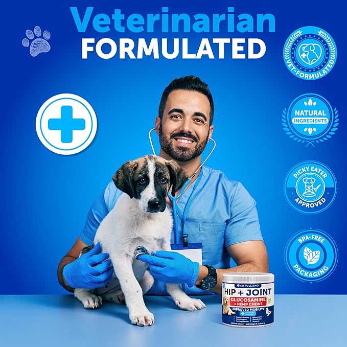 Hemp Hip and Joint Supplement for Dogs - Glucosamine for Dogs Joint Pain Relief - Chews with Chondroitin, MSM, Hemp Oil - Mobility Support, Cartilage Health - For Large, Small breeds - 120 Soft Treats