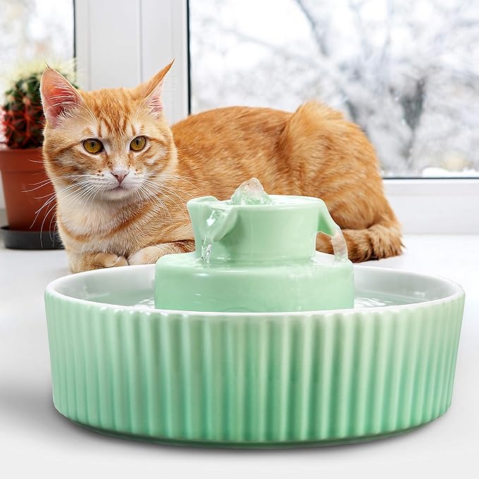 Ceramic Cat Water Fountain, 2.1L/71oz Cupcake Cat Fountain for Dog and Cat Indoor, 2 Ultra Quiet Pumps (Green)