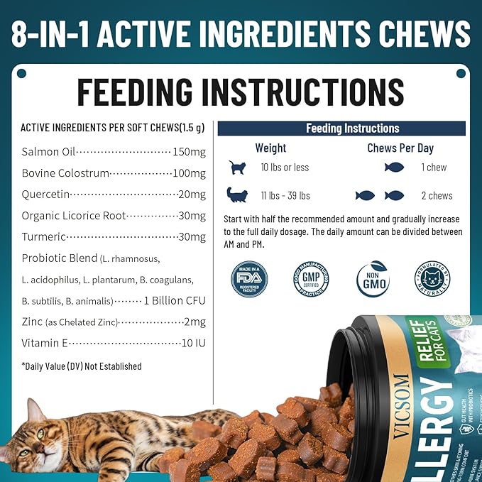 200 Natural Cat Allergy Relief Chews, Cat Itchy Skin Allergy Relief & Immune Support Chews for Seasonal Allergies Cats, Itch Relief for Cats, with Colostrum, Probiotics 1B CFU, Omega-3, Chicken Flavor