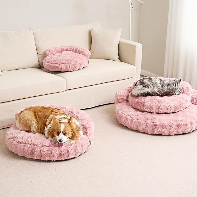 EHEYCIGA Large Dog Bed Sofa – Fluffy Faux Rabbit Fur Pet Couch for Medium and Large Dogs, Washable Removable Cover, Waterproof and Non-Slip, 36 Inch, Pink