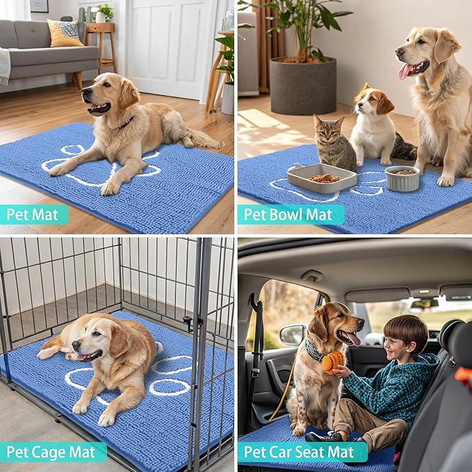 Smiry Dog Door Mat for Muddy Paws, Absorbent Dirt Trapper Non Slip Quick Dry Washable Chenille Mat for Mud Dogs, Entry Rug for Indoor and Outdoor (36x24 Inches, Cornflower Blue)
