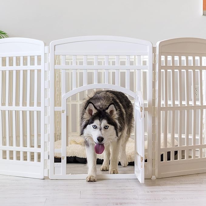 IRIS USA 34" 8-Panel Dog Playpen with Door, 63 x 63 x 35, Puppy Playpen, Dog Play Pen Indoors, Pet Fence, Puppies/Small Dogs, White