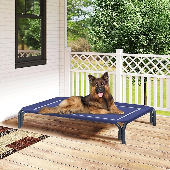 Elevated Dog Bed Raised Outdoor Dog Cot for Large Dogs, Installation Requires No Tools, Frame with Washable Cooling Breathable Mesh Anti-Slip Feet, Indoor Pet Bed, Blue, 43.3 Inches