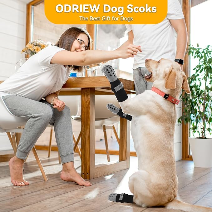 Non Slip Dog Socks to Prevent Licking Paws - Dog Booties for Hardwood Floors Anti Slip - Grippy Socks for Senior Dog - Double Side Paw Protector Prevent Scratching for Hot Pavement. (Grey, L)
