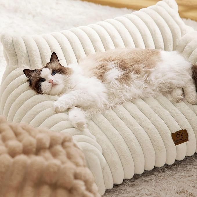 Bedsure Cute Cat Couch for Pets - Fluffy Dog Bed Medium Size Dog with Premium Soft Corduroy Fleece, Pet Sofa with Removable Washable Cover, Supportive Couch Bed for Small Medium Dogs, 30inch, Cream