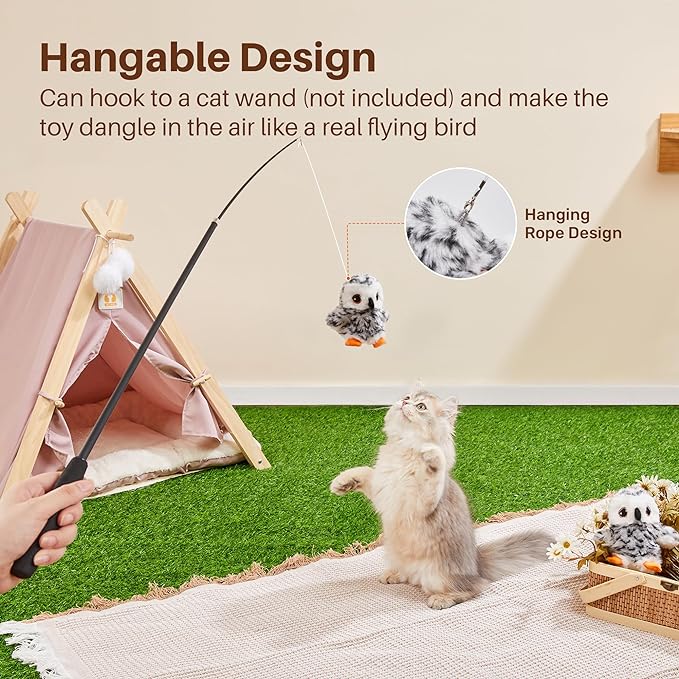 Potaroma Flapping Owl Cat Toys (No Flying), Lifelike Bird Chirp, Rechargeable Touch Activated Kitten Toy, Interactive Catnip Kicker Exercise Toys 4.0" for All Breeds