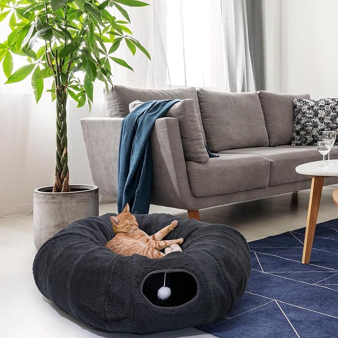 R1M Cat Tunnel Bed for Indoor Cats, Cute Cat Donut Tunnel Toys for Small, Larger Cats with Two Fish Cat Toys, Round Pet Peekaboo Cave Toy for Kitten, Dark Grey