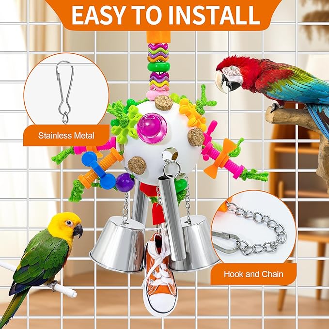 Bird Toys, Parrot Pullable Stainless Steel Cup Colorful Acrylic Stick Chew Toys for Amazons Mini Macaws African Greys Cockatoos Conures,Cockatiels, Lovebirds,Parrotlet,Eclectus (White)
