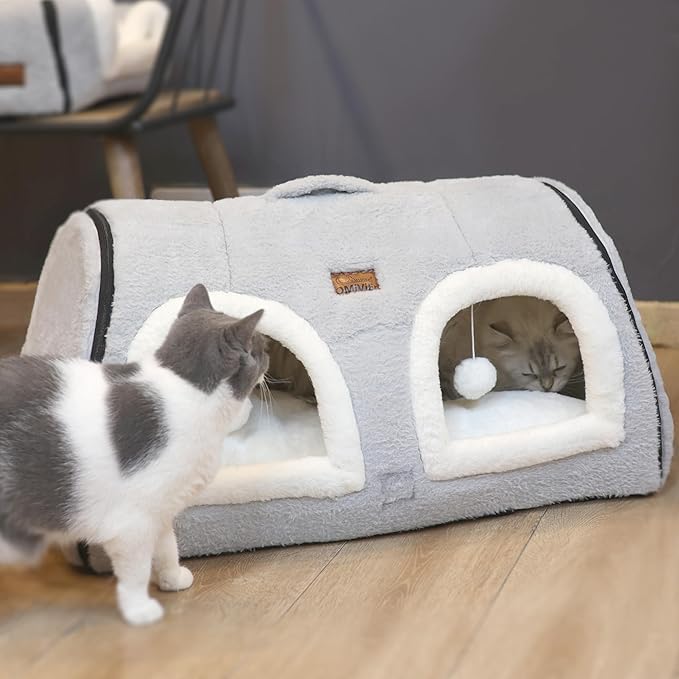 Cat Bed for Indoor Cats,Foldable cat cave,Anti-Slip & Water-Resistant Bottom,cat Houses for Indoor Cats or Small Dogs, Kitten Tent, Rabbit Double Hole Bed:(27.5"×15.3"×15.3"