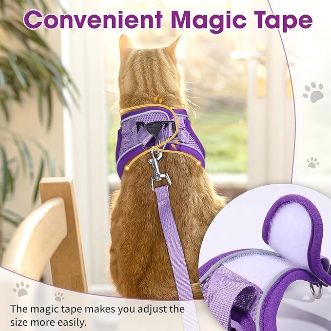 Cat Harness and Leash Set for Walking Escape Proof, Adjustable Kitten Harness Breathable Mesh with Reflective Strips Harness for Kitty Puppy Bunny Purple,Large