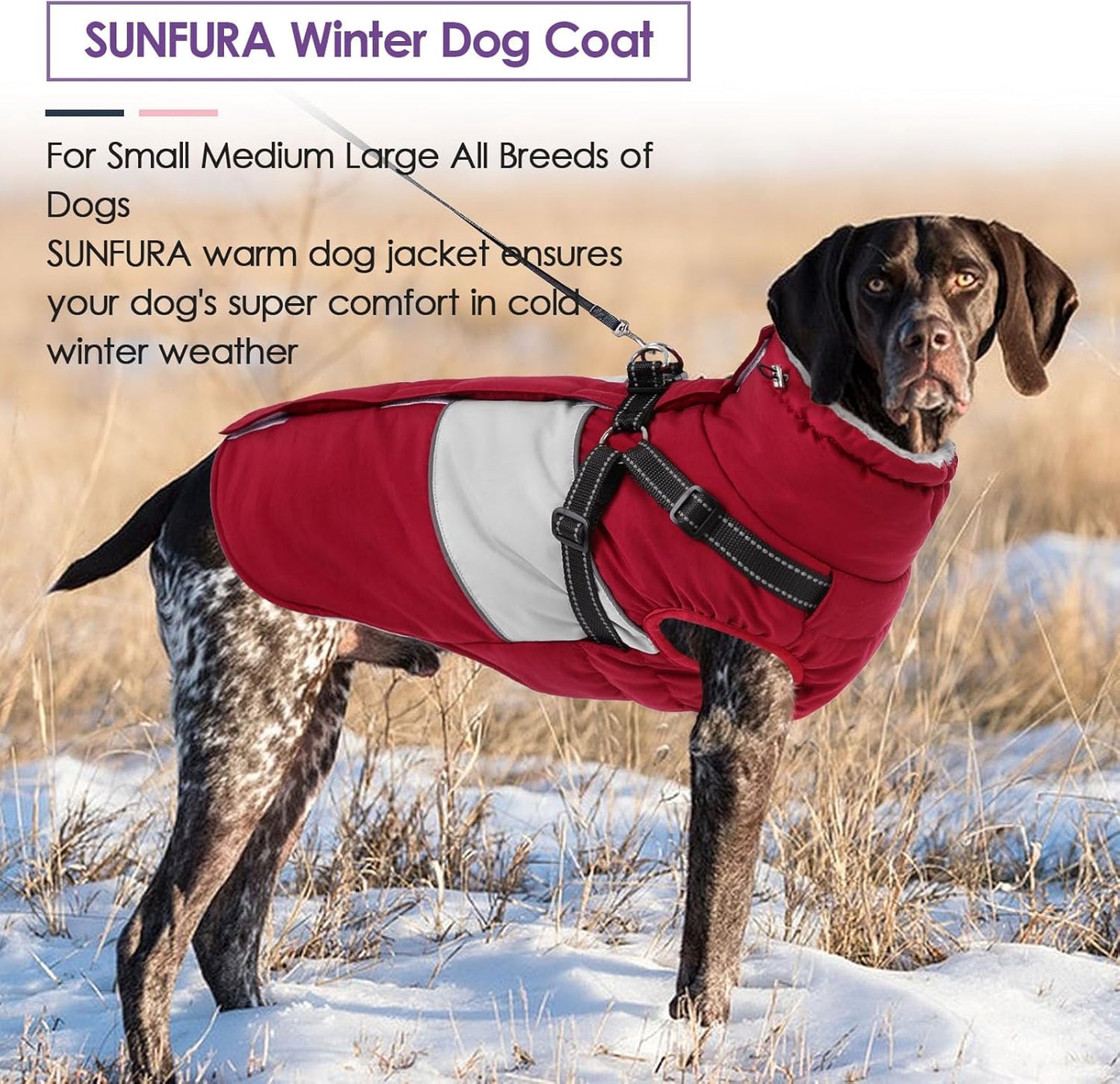 SUNFURA Dog Jacket, Large Dog Coat with Harness Built in, Warm Pet Winter Jacket Zippered Snow Coat with Furry Collar, Waterproof Fleece Snowsuit for French Bulldog, Burgundy L