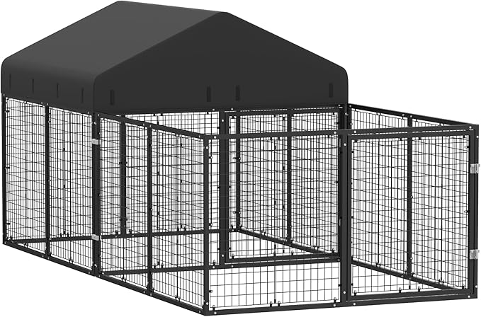 Outdoor Dog Kennel with Dog Fence for Medium/Small Dogs Anti-Rust Coating Cage with Roof All Weather Resistant Dog House with Double Locks