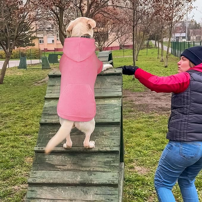 Dog Sweaters for Large Dogs,Dog Hoodie,Warm Fleece Sweatshirt with Hood & Pocket,Leash Hole,Cozy Cold Weather Pet Clothes Sweater Hoodie for Large Dogs(Pink,L)