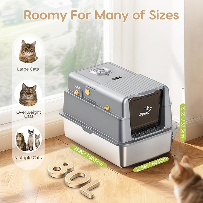 L7 Ultra-Stainless Steel Litter Box with Smart Odor Control, XXL Extra Large Enclosed Metal Cat Litter Box with Lid for Kitty&Big Cats, High Sided Enclosure with Scoop & Mat, Anti-Leakage-Grey