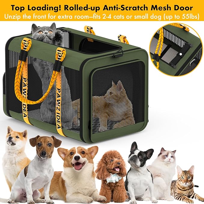 PAWZIDEA Expandable Large Pet Carrier with Wheels, 24x16x16 in Rolling Cat Carrier for 2–4 Cats up 55lb, Soft-Sided Collapsible Small Medium Dog Crate for Car Travel, Telescopic Handle, Storage Pocket