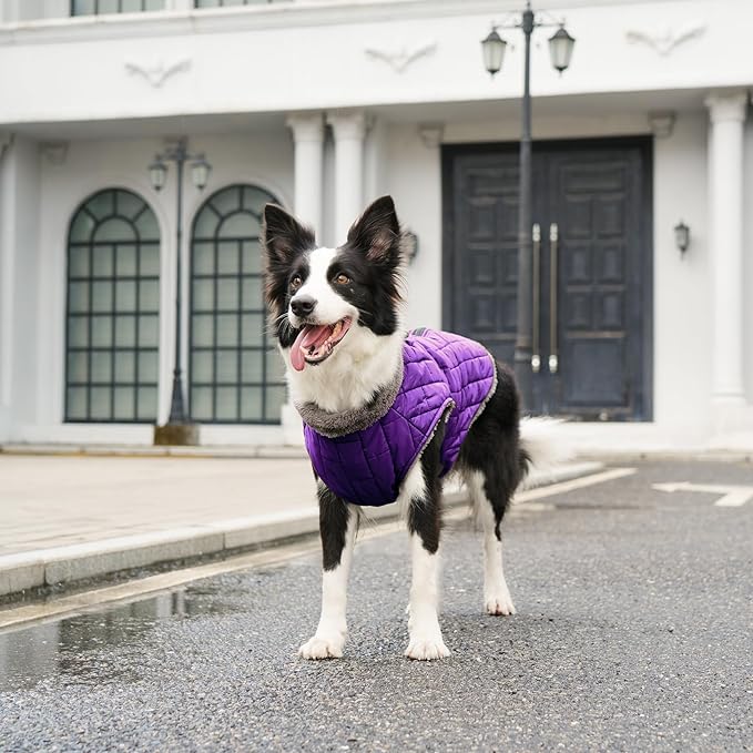 Warm Fleece Dog Coats with Durable Harness Buitl in D-Ring,Waterproof Doggie Jacket for Large Dogs,Dog Vest for Cold Winter,Purple XXXL