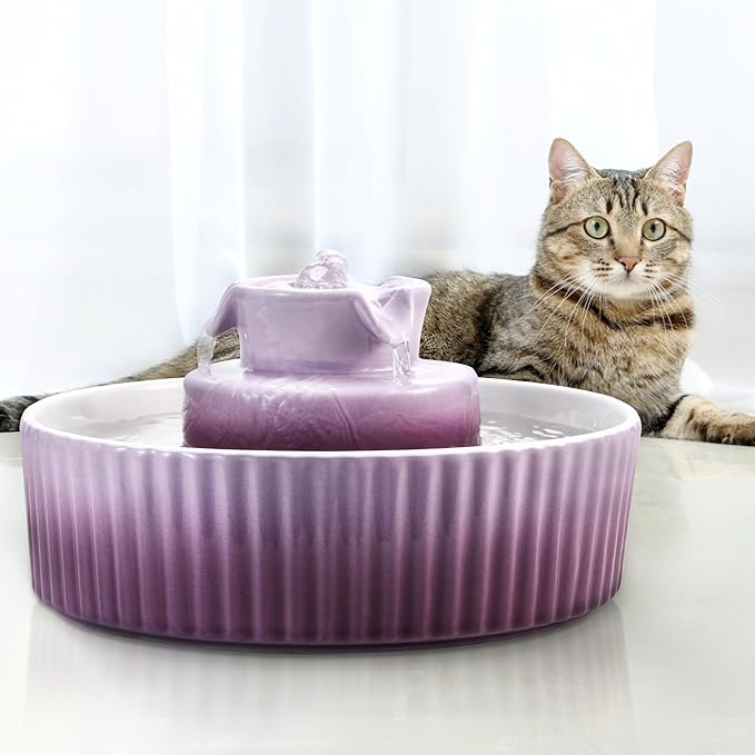 Ceramic Cat Water Fountain, 2.1L/71oz Cupcake Cat Fountain for Dog and Cat Indoor, 2 Ultra Quiet Pumps(Purple)